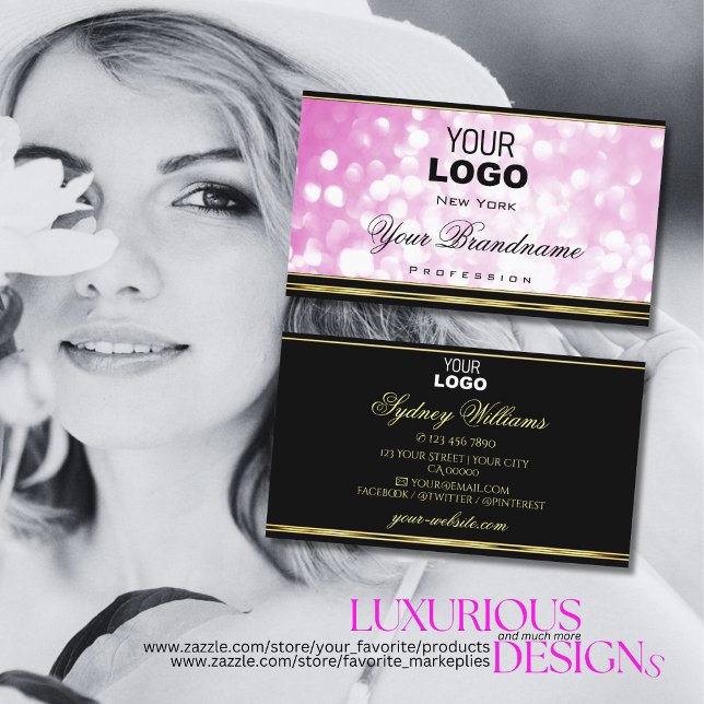 Luxuridisk Rosa Glitter Svarta Guld Gräns och Logo Visitkort (Skapare uppladdad)