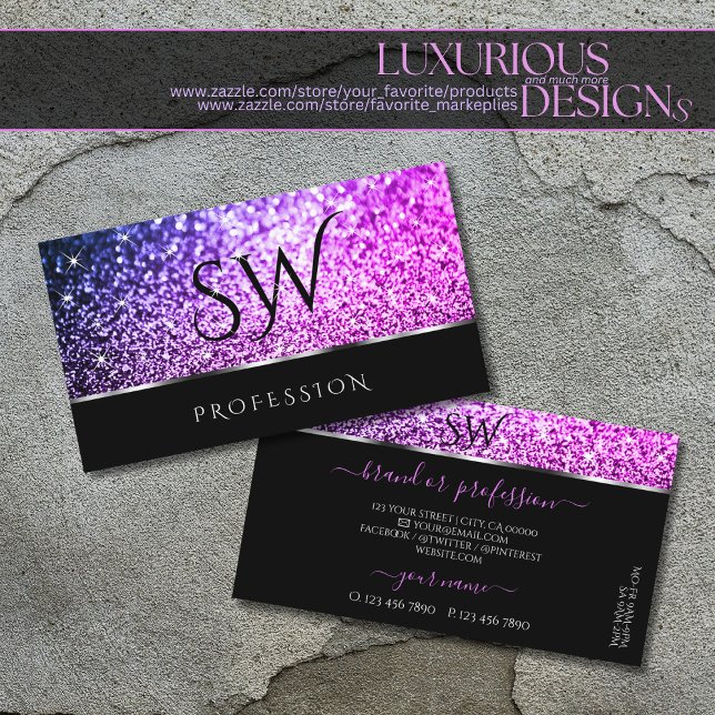 Luxuridisk Rosa Lila Glitter Stars Black Initialer Visitkort (Skapare uppladdad)