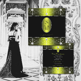 Luxuridisk svart Gult Ornate Ornaments Monogram Fyrkantigt Visitkort