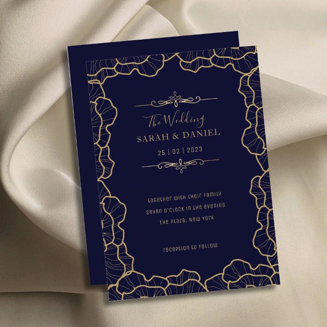 Luxurig Elegant Blåblå Guld Flower Bröllop Inbjudningar (Luxurious Elegant Navy Blue Gold Flower Wedding Invitation)