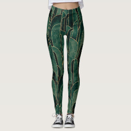 Luxurig Grönt och Guld Art Deco Mönster Leggings
