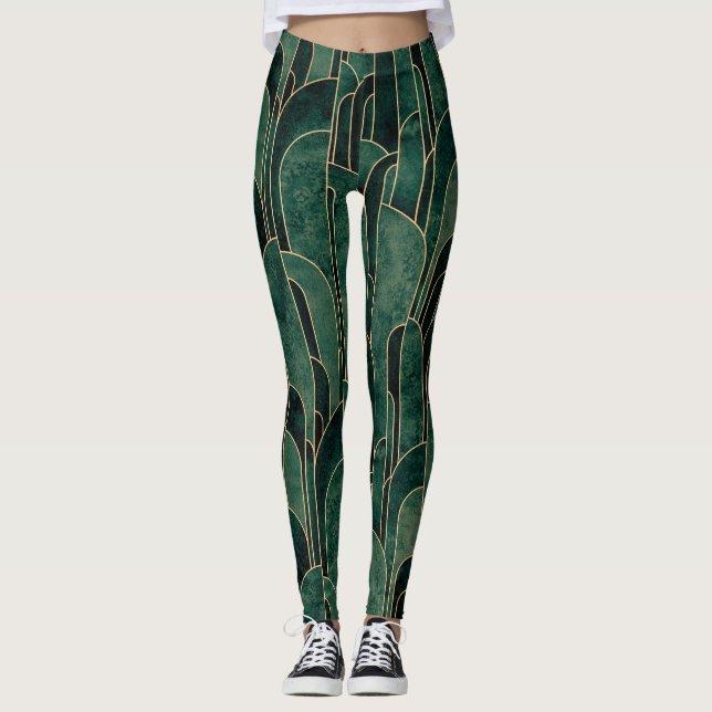 Luxurig Grönt och Guld Art Deco Mönster Leggings (Framsida)