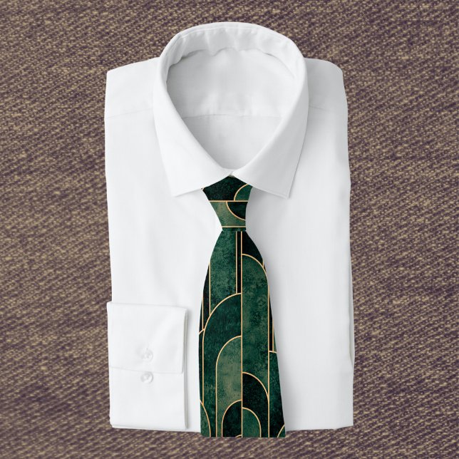 Luxurig Grönt och Guld Art Deco Mönster Slips (Skapare uppladdad)