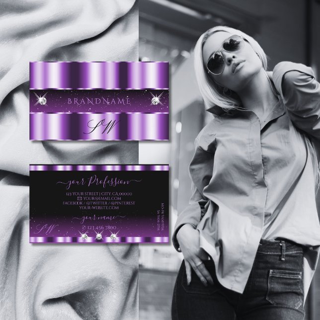 Luxurig Lila Black Sparkling Diamonds Monogram Visitkort (Skapare uppladdad)