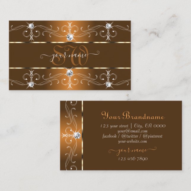 Luxurig Orange och brun Ornate Gräns Monogram Visitkort (Fram/baksida)