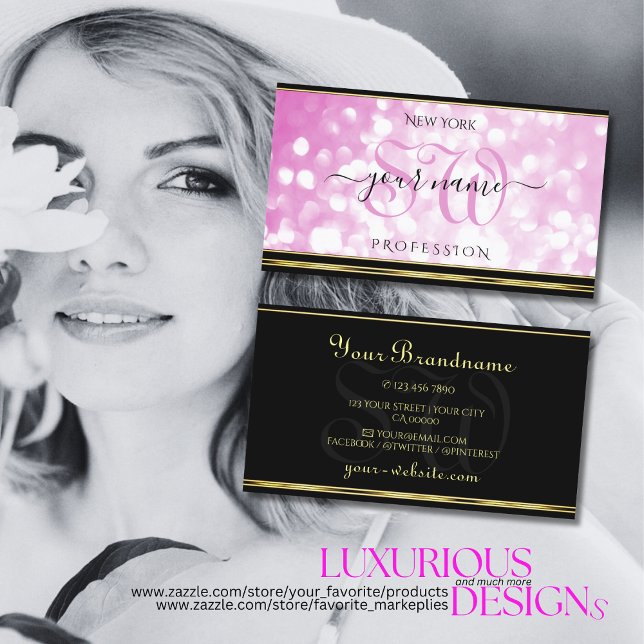 Luxurig Rosa Glitter Black Guld Gräns Initialer Visitkort (Skapare uppladdad)