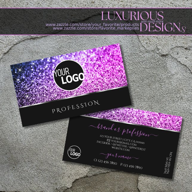 Luxurig Rosa Lila Glitter Stars Black add Logotyp Visitkort (Skapare uppladdad)