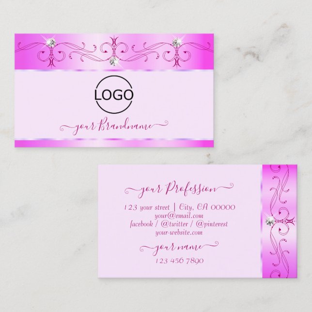 Luxurig Rosa Ornate Sparkling Diamonds med Logotyp Visitkort (Fram/baksida)