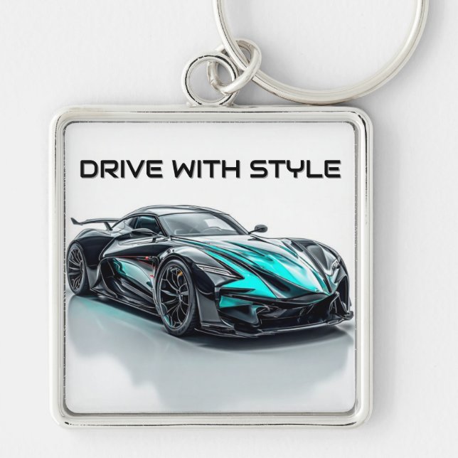 Luxurig svart sportbil - elegant modern design fyrkantig silverfärgad nyckelring (Framsidan)