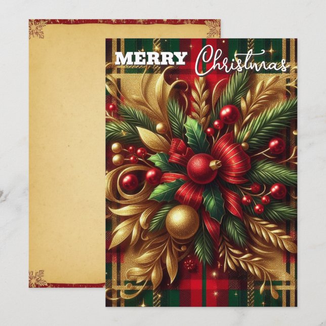 Luxuriga rött- och Grönt Play Festive Guld-accente Julkort (Fram/baksida)