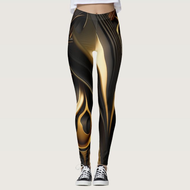 Luxuriga svarta och guld-snurrar leggings (Framsida)