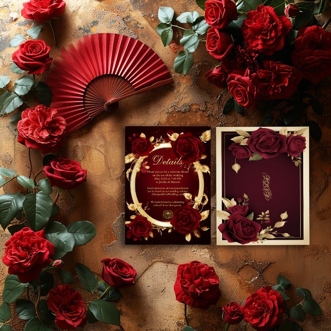 Luxurij Burgundy Röd ros Flamenco Bröllop Tilläggskort (Stunning Flamenco Burgundy Rose and Gold Details Enclosure Card )