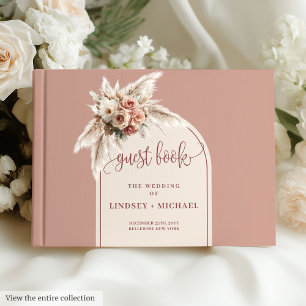 Luxurij Dusty Rosa Pampas Arch Blommigt Bröllop Gästböcker