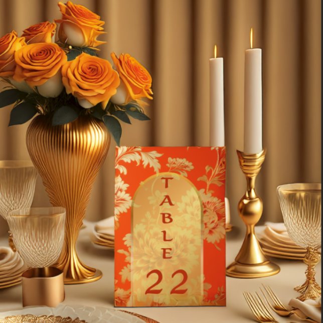 Luxurij Mandarin Orange & Guld Bröllop Bordsnummer (Elegant Floral Orange Wedding Table Number)