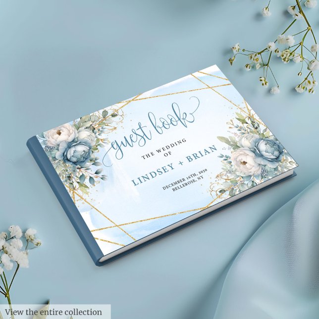 Luxurij Pastel Blue White Guld Flowers Bröllop Gästböcker (Luxurious Pastel Blue White Gold Flowers Guest Book)