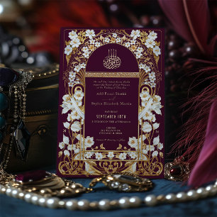 Luxurij Plum Burgundy och Guld Islamiska Bröllop Inbjudningar