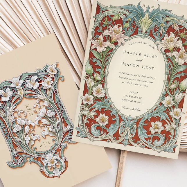 Luxurij White Lilies Art nouveau Bröllop Inbjudningar (Skapare uppladdad)