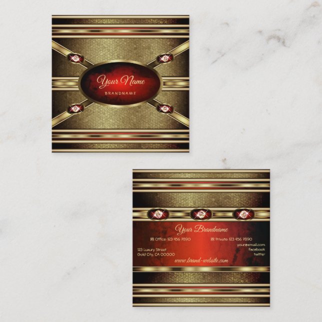 Luxurika Guld Effects Red Marble Faux Rhinestones Fyrkantigt Visitkort (Fram/baksida)