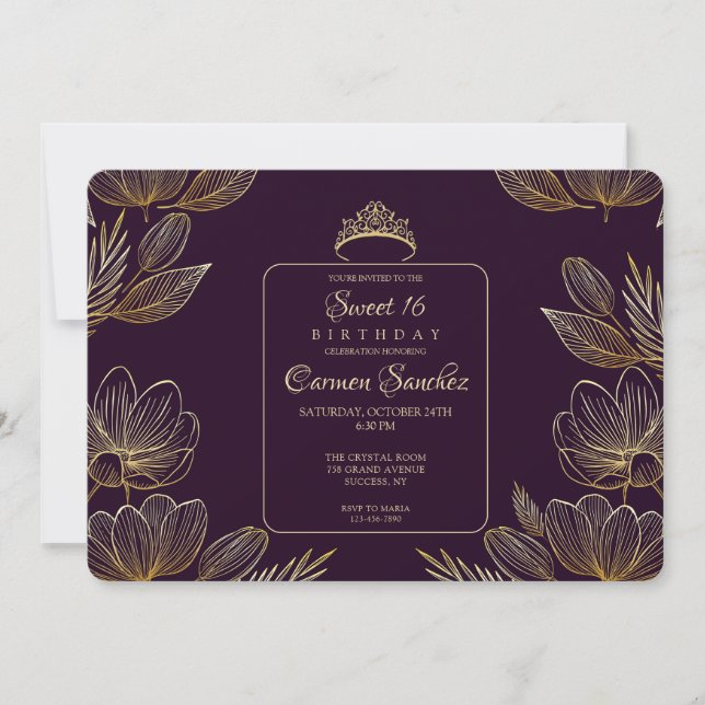 Luxuriös Blommigt Sweet sixteen Inbjudningar (Framsida)