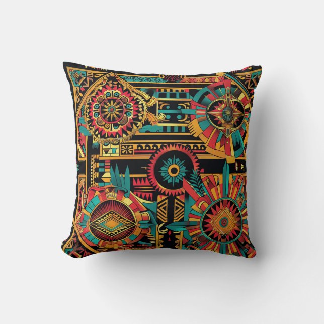 Luxuriös cyan "Aztec Dream" Mönster Throw Cushion Kudde (Framsida)