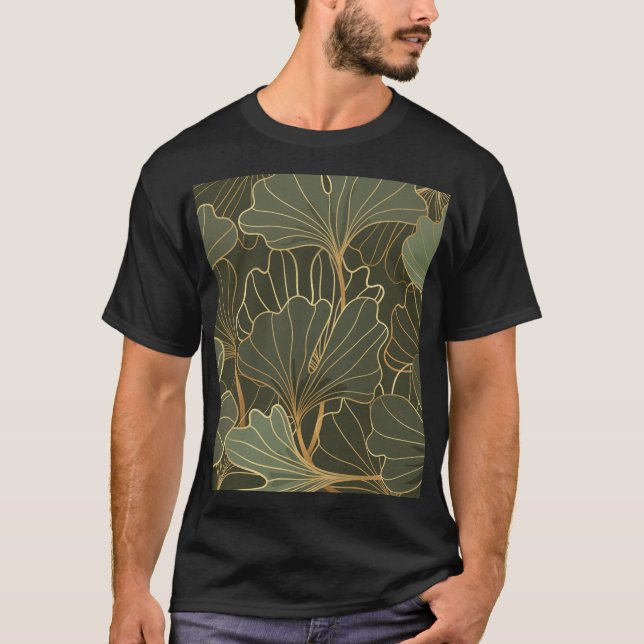 Luxuriös Ginkgo Guld Line Art T Shirt (Framsida)