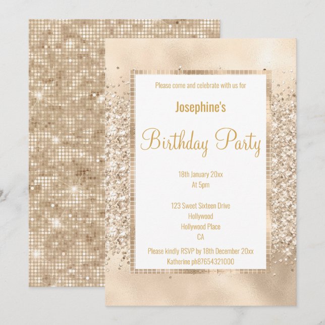 LUXURIÖS GLITTER CHAMPAGNE & GULD ANPASSNINGSBAR INBJUDNINGAR (Fram/baksida)