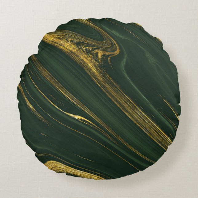 Luxuriös Grönt Onyx: Golden Marble. Rund Kudde (Framsidan)
