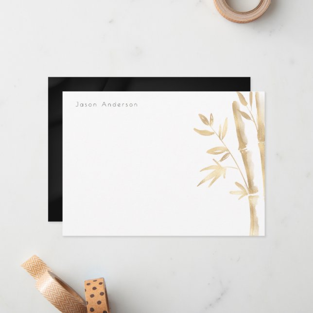 Luxuriös Guld Bamboo Monogram Stationery Anteckningskort (Fram/Back In Situ)