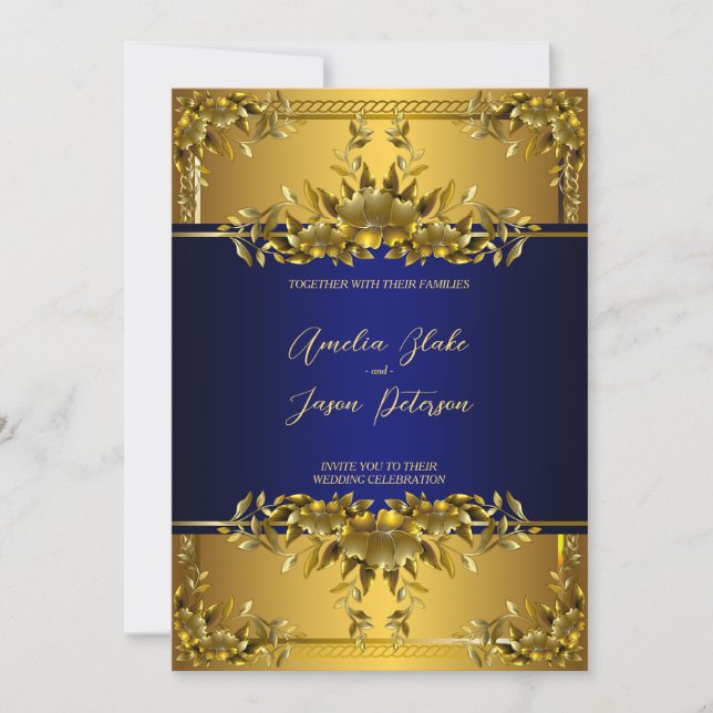 Luxuriös inbjudan till Blommigt-bröllop i Guld (Framsida)