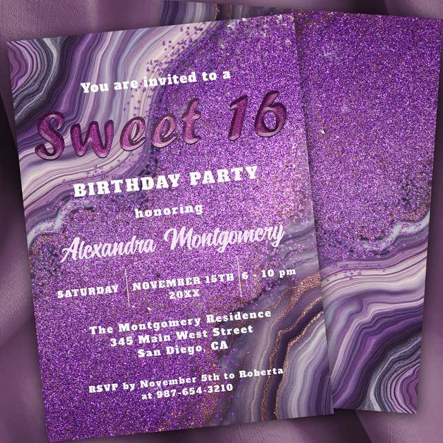 Luxuriös Lila Glitter Agate Marble Sweet 16 Inbjudningar (Skapare uppladdad)