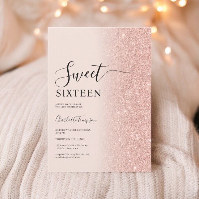 Luxuriös  Rosa vid Ro Guld Glitter 16 Inbjudningar (Luxurious Rose Gold Glitter Blush Pink Sweet 16 Invitation)