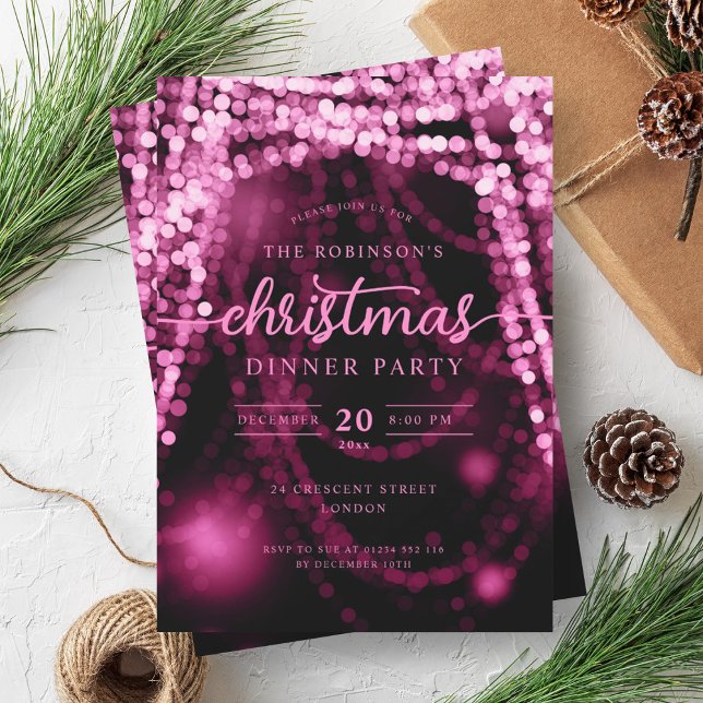 Luxuriös Shock rosa Vinter Ljus jul Inbjudningar (Luxurious Hot Pink Winter Lights Christmas Invitation)