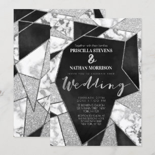 Luxuriös Silver Black Glitter Geo Marble Bröllop Inbjudningar