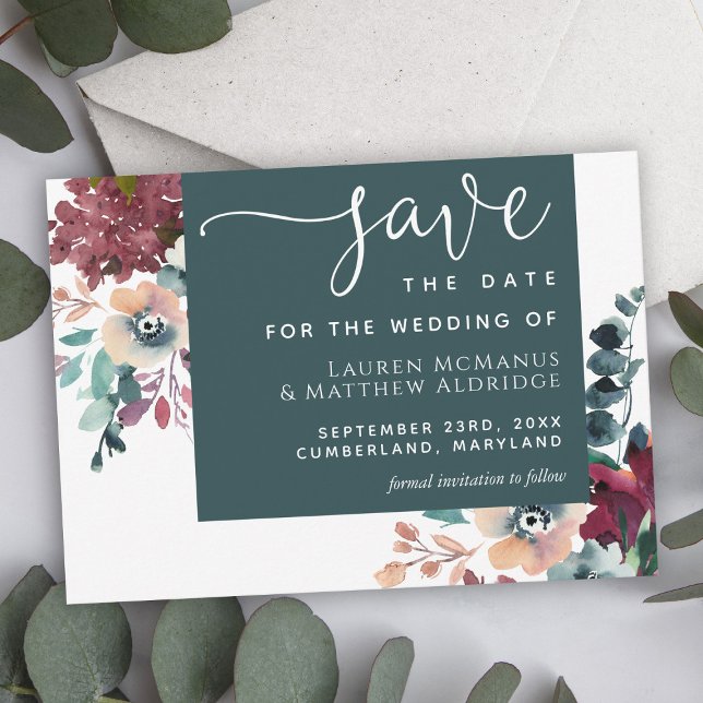 Luxuriös Teal Burgundy-Blommigt Spara datum Datumet (Skapare uppladdad)