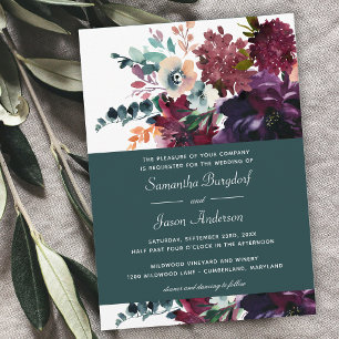 Luxuriös Teal Burgundy Watercolor Blommigt Bröllop Inbjudningar