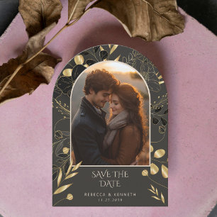 Luxuriöst Guld Blommigt 2-bågfoto spara datum Inbjudningar