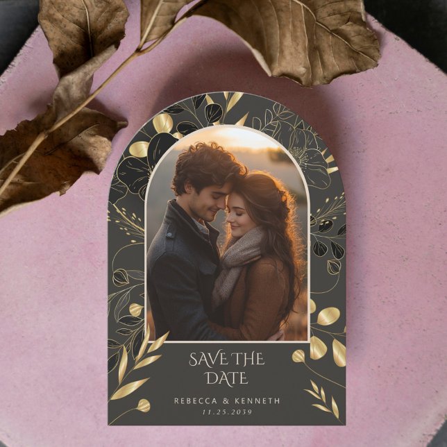 Luxuriöst Guld Blommigt 2-bågfoto spara datum Inbjudningar (Skapare uppladdad)