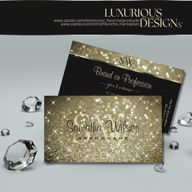 Luxuriöst platinum Glitter Luminous Stars Monogram Visitkort (Skapare uppladdad)