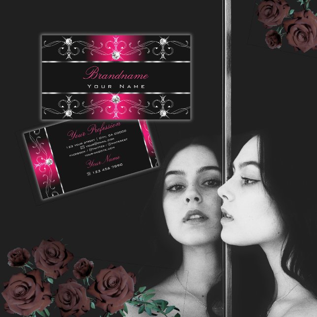 Luxuriöst svart och Rosa Ornate Gräns Ornaments Visitkort (Skapare uppladdad)