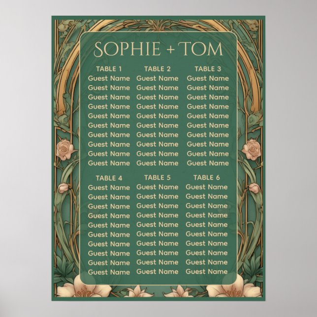 Luxurious Alphonse Mucha Art Nouveau Seating Chart Poster (Framsidan)