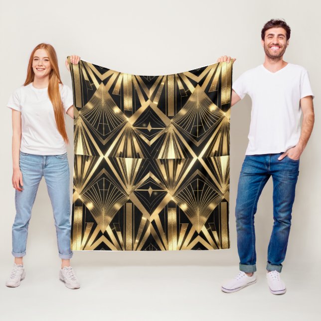 Luxurious Art Deco Geometric Gold and Black  Fleecefilt (På plats)