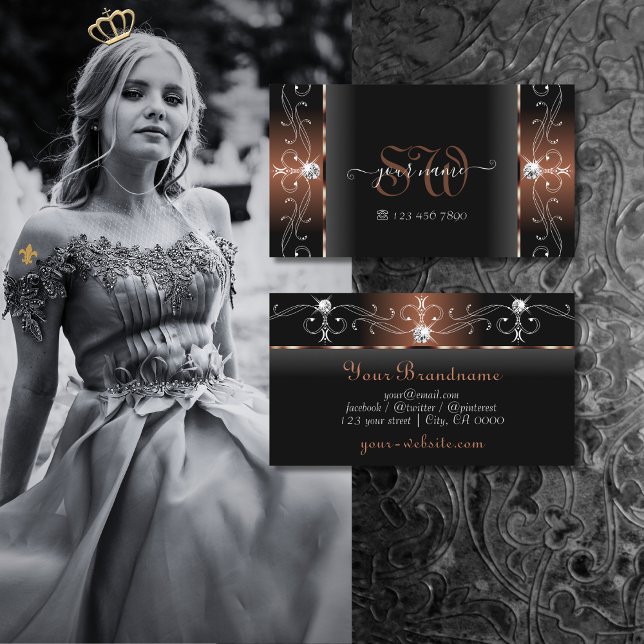 Luxurious Black Brown Squiggled Jewels Monogram Visitkort (Skapare uppladdad)