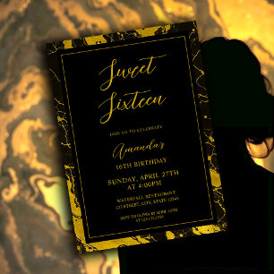 Luxurious Black & Guld Marble Sweet 16 Birthday Inbjudningar