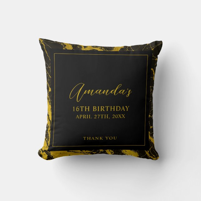 Luxurious Black & Guld Marble Sweet 16 Birthday Kudde (Framsida)