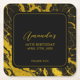 Luxurious Black & Guld Marble Sweet 16 Birthday Underlägg Papper Kvadrat