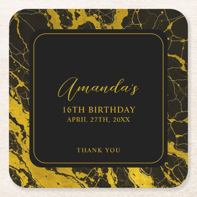 Luxurious Black & Guld Marble Sweet 16 Birthday Underlägg Papper Kvadrat (Framsidan)