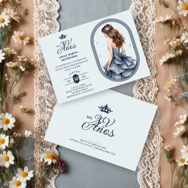 Luxurious Blue Oval Frame Charming Quinceañera  Inbjudningar (Spanish Luxurious Blue Oval Frame Charming Quinceañera Doll Illustration in Blue Shades Invitation.)