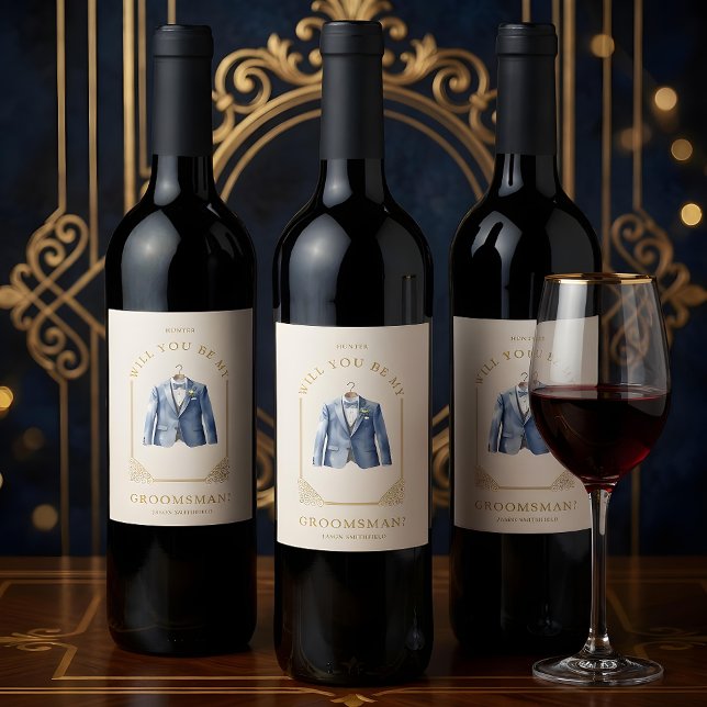 Luxurious Blue Suit Ornamental Dome Arch Effect Vinflaska Etikett (Luxurious Blue Suit Ornamental Dome Arch Effect Groomsman or Best Man Wine Labels Proposal.)