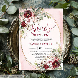 Luxurious Burgundy Blush Floral Sweet Sixteen Card Inbjudningar