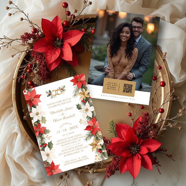 Luxurious Colorful Christmas Botanical & Floral Inbjudningar (Luxurious Colorful Christmas Botanical and Floral Frame Wedding Invitations Cards with Back QR.)